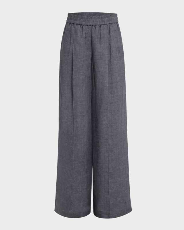 Pleated Wide-Leg Linen Pull-On Trackpants